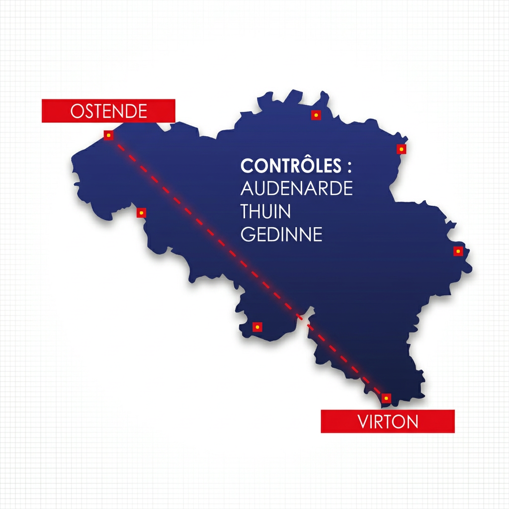 Carte du parcours Ostende–Virton à travers la Belgique